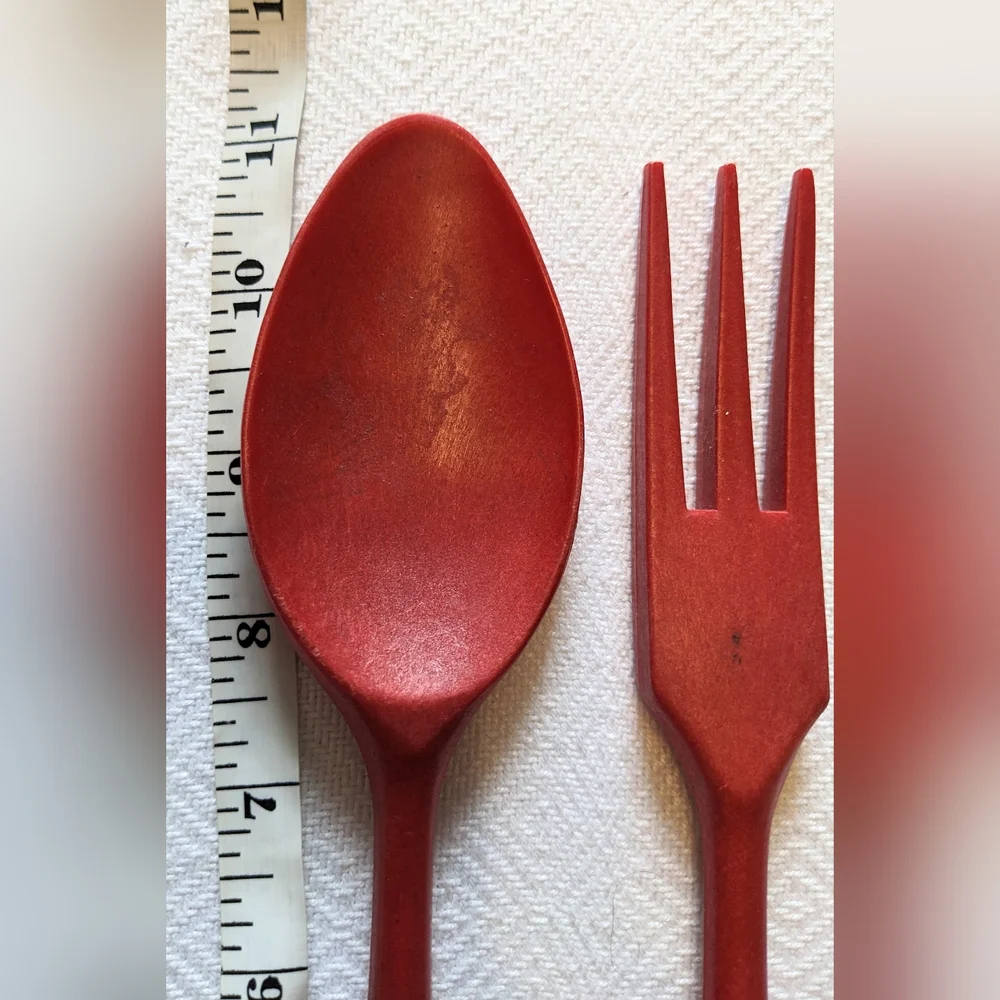 Vintage Red and Cream Salad Serving Utensil Set